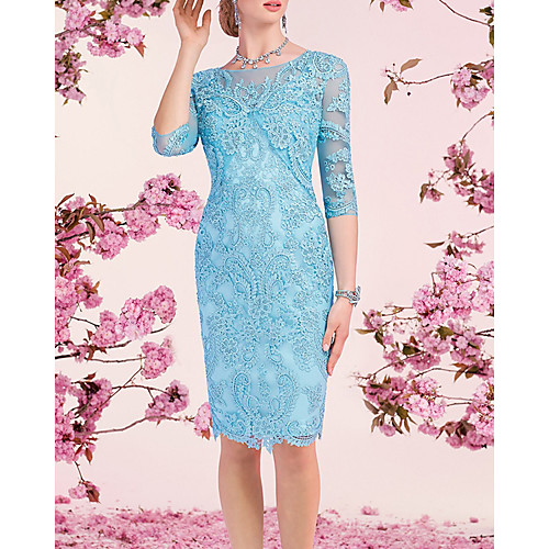 

Sheath / Column Mother of the Bride Dress Elegant Jewel Neck Knee Length Lace 3/4 Length Sleeve with Embroidery 2020