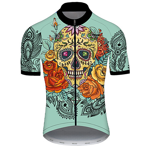 

21Grams Men's Short Sleeve Cycling Jersey Nylon Polyester Green / Yellow Skull Floral Botanical Funny Bike Jersey Top Mountain Bike MTB Road Bike Cycling Breathable Quick Dry Ultraviolet Resistant