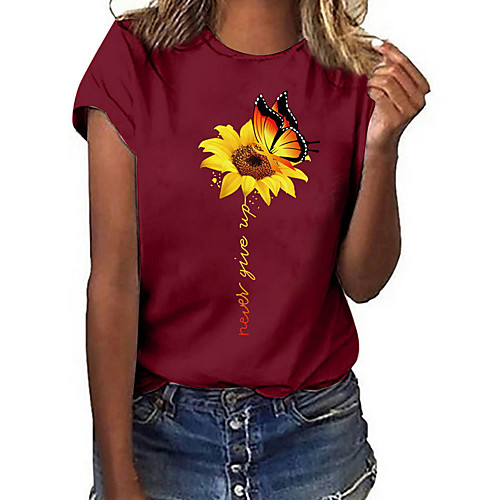 

Women's T shirt Geometric Sunflower Round Neck Tops White Black Yellow