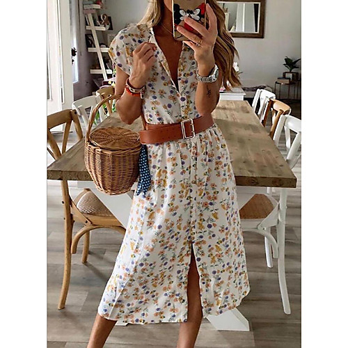 

Women's Shirt Dress Knee Length Dress - Short Sleeves Floral Summer Casual Chinoiserie 2020 White Yellow Light Blue S M L XL