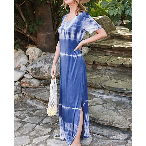 

Women's Strap Dress Maxi long Dress - Short Sleeves Print Summer Casual Chinoiserie 2020 Blue S M L XL XXL