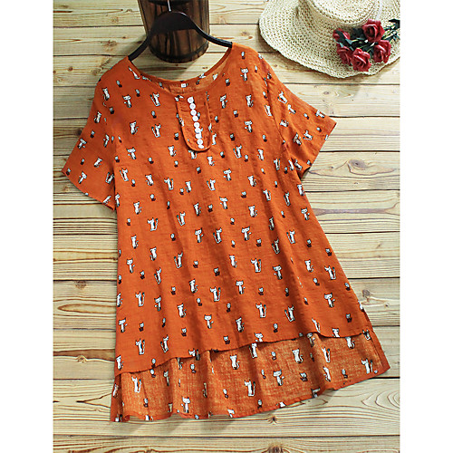 

Women's Blouse Animal Cat Tops - Print Round Neck Loose Cotton Basic Daily White Orange Navy Blue M L XL 2XL 3XL 4XL 5XL