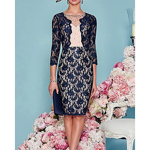 

Two Piece Sheath / Column Mother of the Bride Dress Elegant Illusion Neck Knee Length Lace Tulle 3/4 Length Sleeve with Embroidery 2020