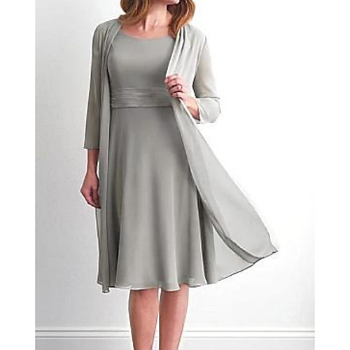 

Two Piece A-Line Mother of the Bride Dress Wrap Included Jewel Neck Knee Length Chiffon Long Sleeve with Ruching 2021