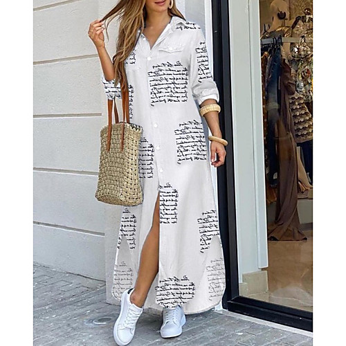 

Women's Shift Dress Maxi long Dress - Long Sleeve Geometric Summer Casual Chinoiserie 2020 White Black Blue Brown Rainbow S M L XL