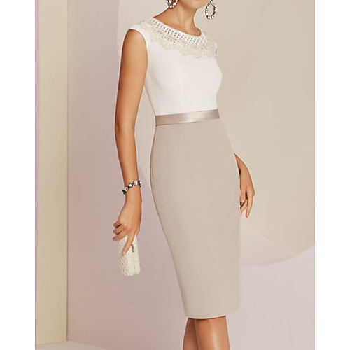 

Sheath / Column Mother of the Bride Dress Elegant Jewel Neck Knee Length Satin Sleeveless with Appliques Color Block 2021