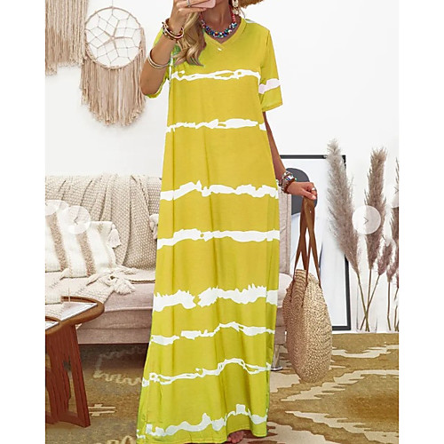 

Women's Shift Dress Maxi long Dress - Short Sleeves Striped Summer Casual 2020 Blue Red Yellow Green S M L XL XXL XXXL