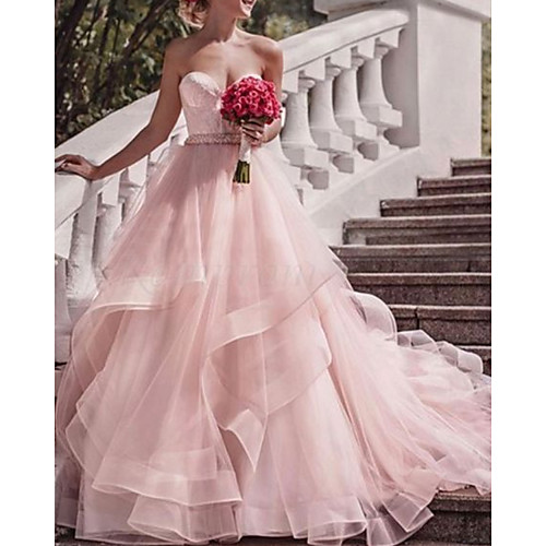 

Ball Gown Wedding Dresses Sweetheart Neckline Sweep / Brush Train Lace Tulle Sleeveless Country with Sashes / Ribbons Cascading Ruffles 2020