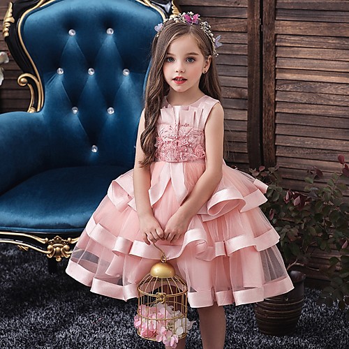 

Princess / Ball Gown Knee Length Wedding / Party Flower Girl Dresses - Tulle Sleeveless Jewel Neck with Bow(s) / Appliques / Cascading Ruffles