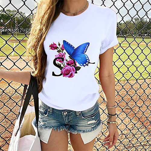 

Women's T-shirt Graphic Tops - Print Round Neck Loose Cotton Basic Daily Summer White S M L XL 2XL 3XL 4XL