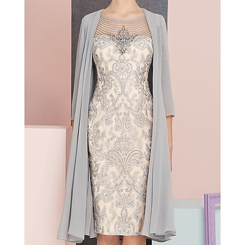 

Two Piece Sheath / Column Mother of the Bride Dress Elegant Illusion Neck Knee Length Lace 3/4 Length Sleeve with Beading Embroidery 2020