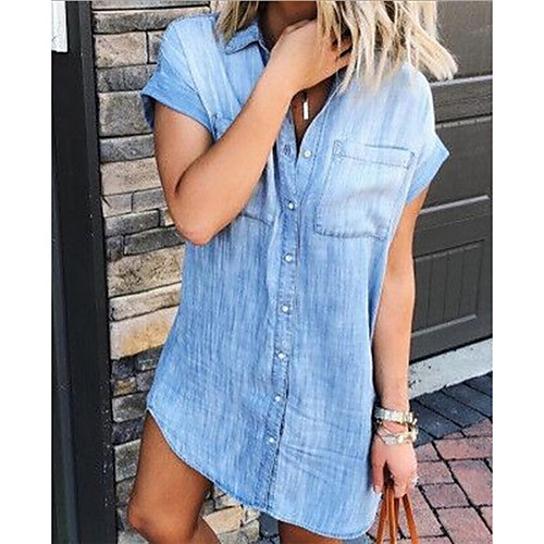 

Women's Shirt Dress Knee Length Dress - Short Sleeves Solid Color Summer Casual Chinoiserie 2020 Light Blue S M L XL