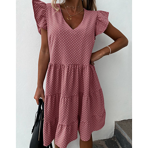 

Women's Swing Dress Knee Length Dress - Short Sleeves Polka Dot Ruffle Summer Casual Daily 2020 Blushing Pink S M L XL