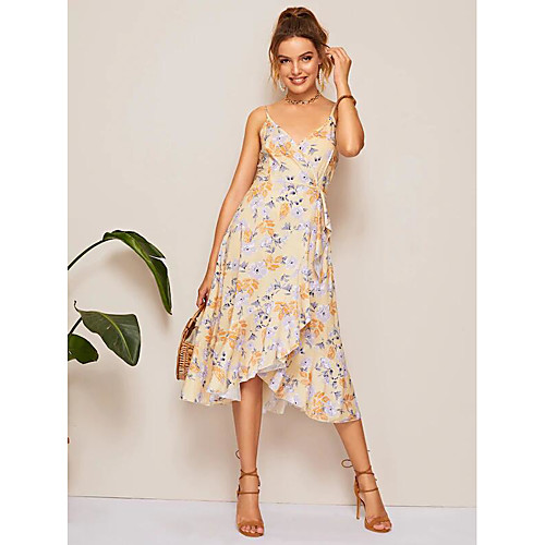 

Women's Sundress Midi Dress - Sleeveless Floral Backless Bow Ruffle Summer Sexy Mumu Daily Holiday 2020 Beige S M L XL