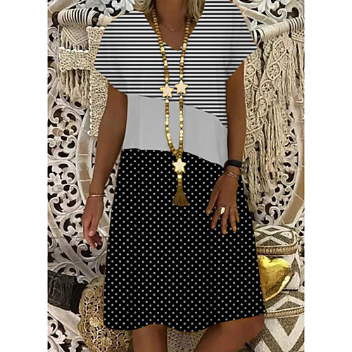 

Women's A-Line Dress Knee Length Dress - Short Sleeves Polka Dot Striped Print Summer V Neck Casual Boho Daily Vacation 2020 Black M L XL XXL XXXL