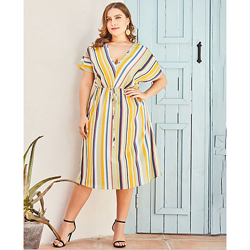 

Women's Plus Size A-Line Dress Knee Length Dress - Short Sleeves Striped Summer V Neck Casual 2020 Yellow L XL XXL