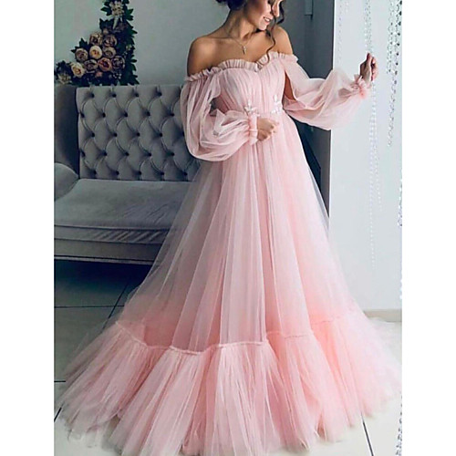 

A-Line Elegant Minimalist Engagement Prom Dress Strapless Long Sleeve Floor Length Tulle with Pleats 2020
