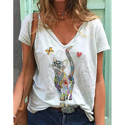 

Women's T shirt Animal V Neck Tops Basic Top White