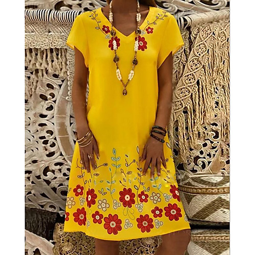 

Women's A Line Dress Knee Length Dress Yellow Short Sleeve Print Summer V Neck Work 2021 S M L XL XXL 3XL