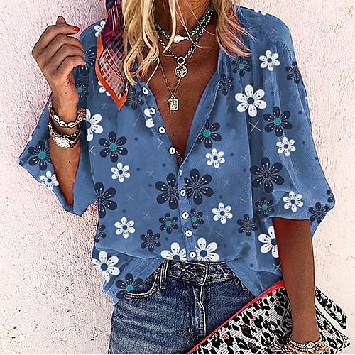 

Women's Shirt Floral Tops - Print V Neck Basic Daily Blue M L XL 2XL 3XL