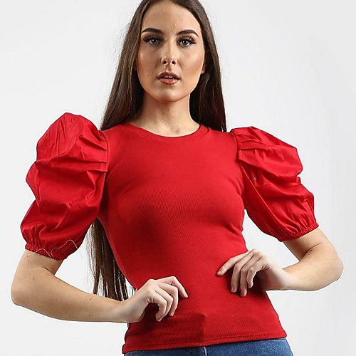 

Women's Solid Colored Short Sleeves Pullover Sweater Jumper, Round Neck White / Black / Red S / M / L