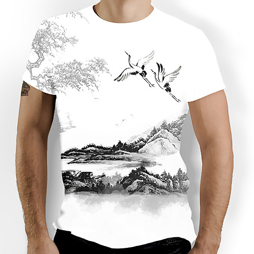 

Men's T shirt Graphic Print Short Sleeve Daily Tops Basic Chinoiserie White