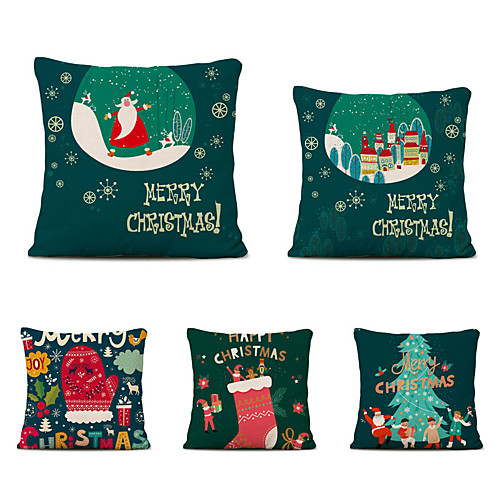 

Set of 5 Linen Pillow Cover Animal Graphic Prints Christmas Throw Pillow