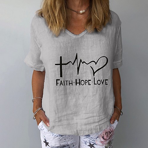 

Women's T-shirt Letter Tops V Neck Daily Summer White Yellow Navy Blue Gray Light Blue S M L XL 2XL 3XL
