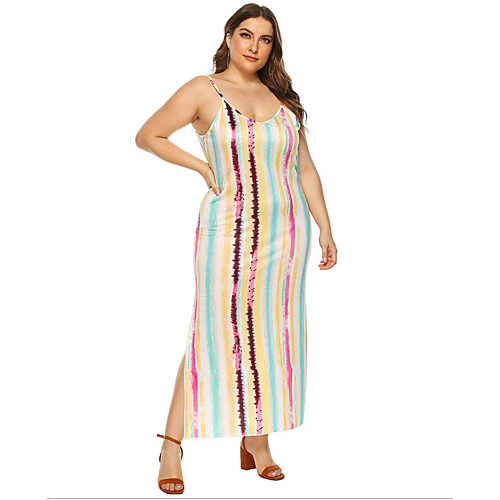 

Women's Strap Dress Maxi long Dress - Sleeveless Striped Summer Casual Chinoiserie 2020 Yellow L XL XXL XXXL XXXXL