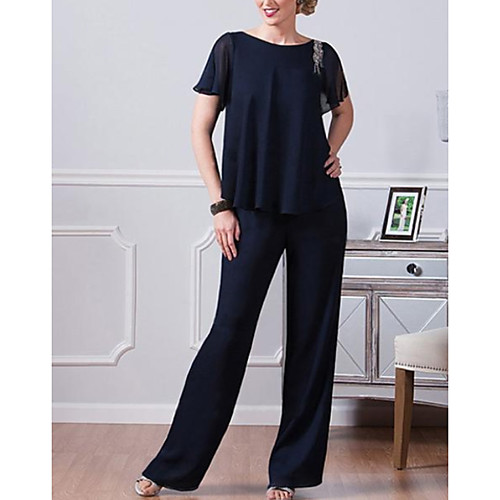 

Two Piece Pantsuit / Jumpsuit Mother of the Bride Dress Elegant Jewel Neck Floor Length Chiffon Short Sleeve with Crystals 2021