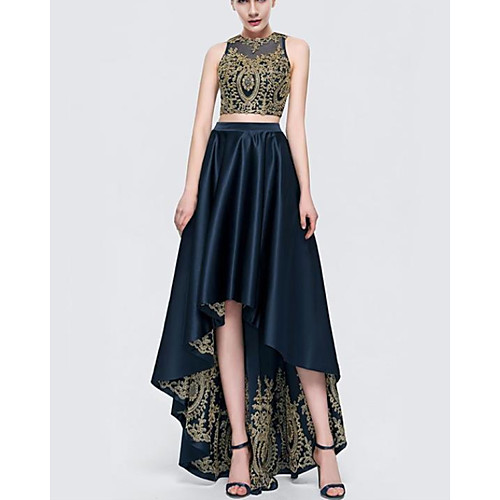 

Two Piece Cut Out Sexy Engagement Prom Dress Jewel Neck Sleeveless Asymmetrical Lace Satin with Lace Insert Appliques 2020