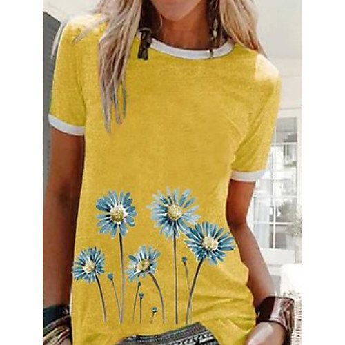 

Women's T-shirt Floral Tops Round Neck Daily Summer Black Yellow Green S M L XL 2XL