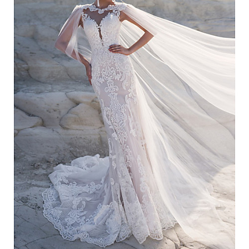 

Two Piece Mermaid / Trumpet Wedding Dresses V Neck Court Train Lace Tulle Sleeveless Country Sexy Cape with Lace Appliques 2020