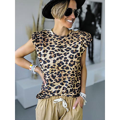 

Women's Blouse Leopard Tops - Print Round Neck Basic Daily Summer Green Brown S M L XL