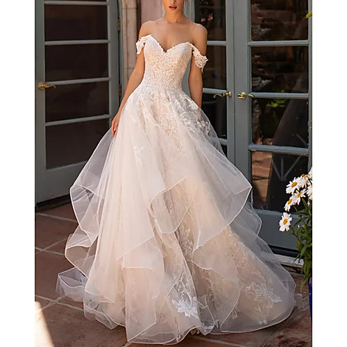 

Ball Gown Wedding Dresses Off Shoulder Court Train Lace Tulle Cap Sleeve Formal with Appliques Cascading Ruffles 2020