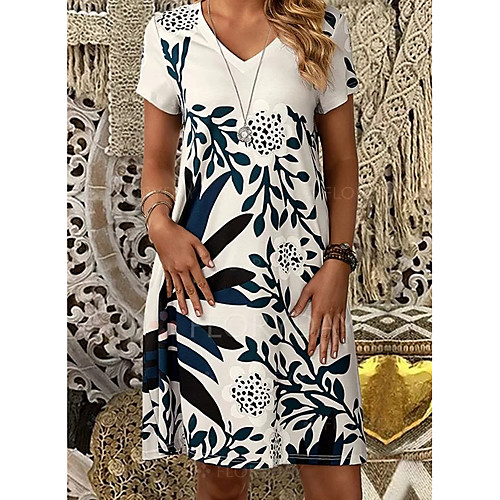 

Women's Shift Dress Knee Length Dress - Short Sleeves Floral Summer Casual Daily 2020 Navy Blue M L XL XXL XXXL