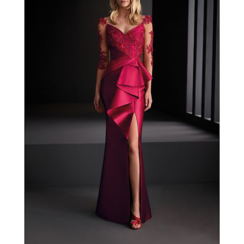 

Mermaid / Trumpet Elegant Floral Engagement Formal Evening Dress V Neck 3/4 Length Sleeve Floor Length Satin with Draping Split Appliques 2021