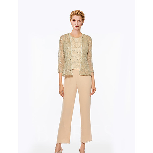 

Pantsuit / Jumpsuit Mother of the Bride Dress Elegant Jewel Neck Ankle Length Chiffon Lace Sleeveless with Lace Appliques 2021