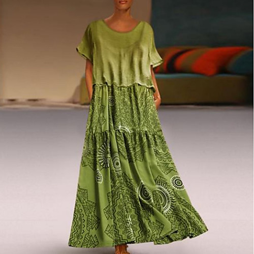 

Women's A-Line Dress Maxi long Dress - Short Sleeves Floral Color Block Summer Casual Chinoiserie 2020 Purple Orange Green Dusty Blue M L XL XXL XXXL XXXXL XXXXXL