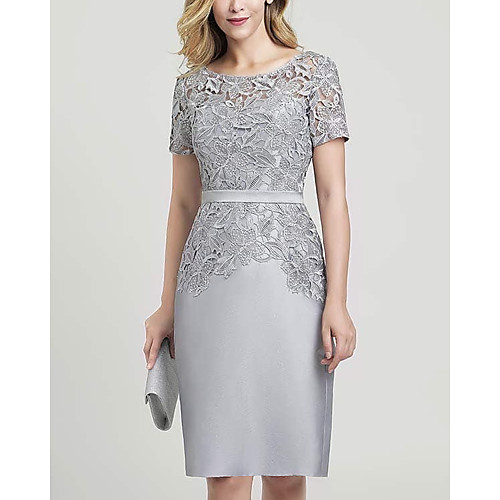 

Sheath / Column Mother of the Bride Dress Elegant Jewel Neck Knee Length Lace Satin Short Sleeve with Embroidery 2020