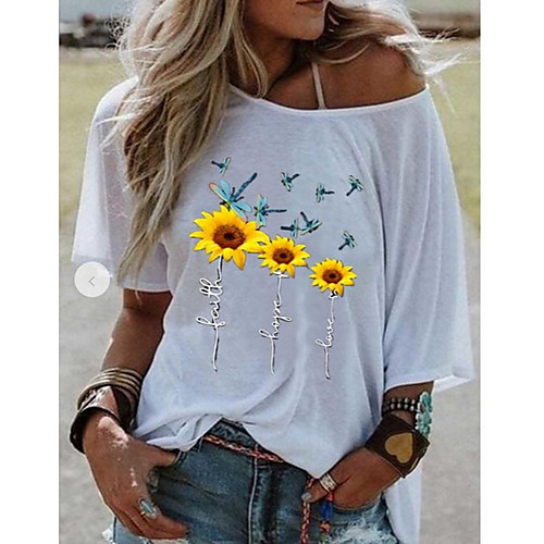 

Women's T shirt Geometric Off Shoulder Tops Cotton Basic Top White Yellow Gray
