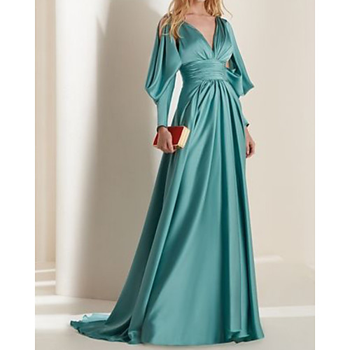 

A-Line Beautiful Back Elegant Engagement Formal Evening Dress V Neck Long Sleeve Sweep / Brush Train Satin with Pleats 2021