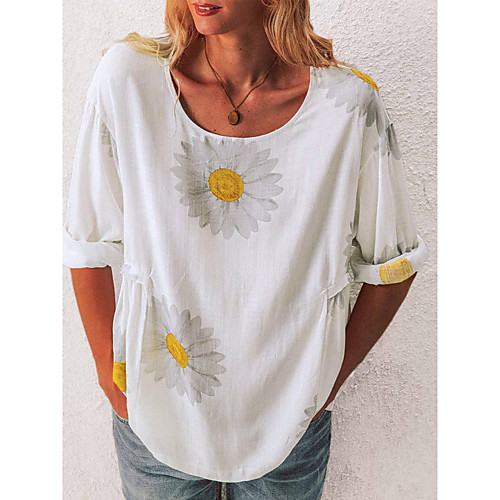 

Women's T shirt Floral Flower Printing Round Neck Tops Basic Top White Black Blue
