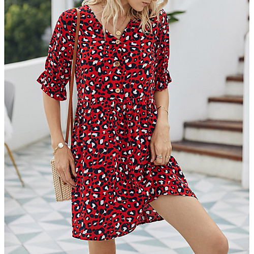 

Women's A-Line Dress Short Mini Dress - Half Sleeve Leopard Summer Work 2020 White Red Khaki S M L XL