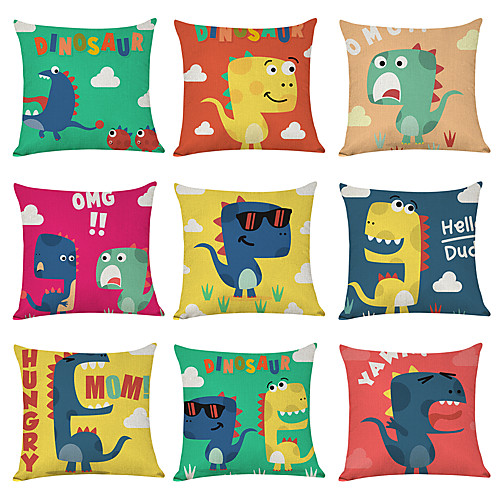 

9 pcs Linen Pillow Cover, Cartoon Dinosaur Casual Modern Square Traditional Classic