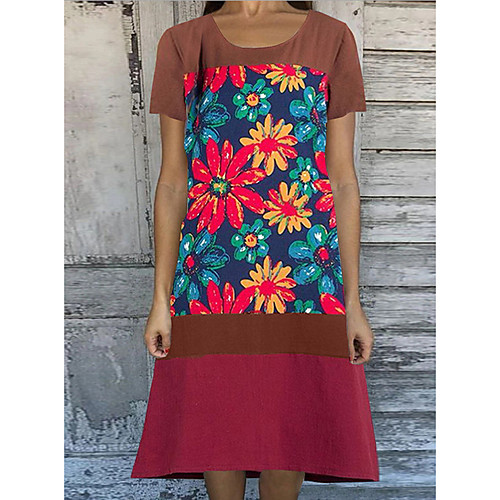 

Women's A-Line Dress Knee Length Dress - Short Sleeves Print Color Block Summer Casual Chinoiserie 2020 Red Orange S M L XL