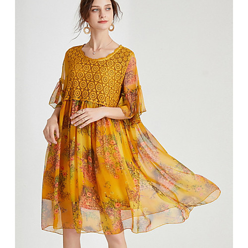

Women's Chiffon Dress Knee Length Dress - Short Sleeves Print Summer Casual Chinoiserie 2020 Black Blue Purple Yellow XL XXL XXXL XXXXL
