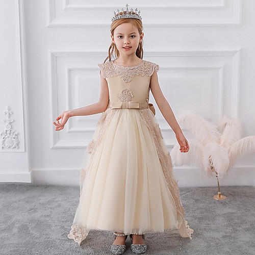 

Princess / Ball Gown Sweep / Brush Train Party / Wedding Flower Girl Dresses - Satin / Tulle Sleeveless Jewel Neck with Sash / Ribbon / Bow(s) / Appliques