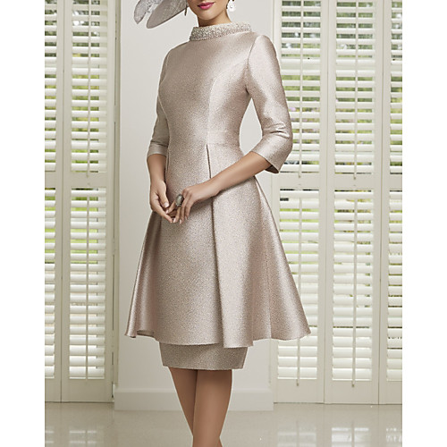 

A-Line Mother of the Bride Dress Elegant Jewel Neck Knee Length Stretch Satin 3/4 Length Sleeve with Pleats Beading 2020