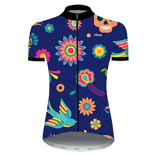 

21Grams Women's Short Sleeve Cycling Jersey Nylon Polyester BlueYellow Skull Floral Botanical Funny Bike Jersey Top Mountain Bike MTB Road Bike Cycling Breathable Quick Dry Ultraviolet Resistant